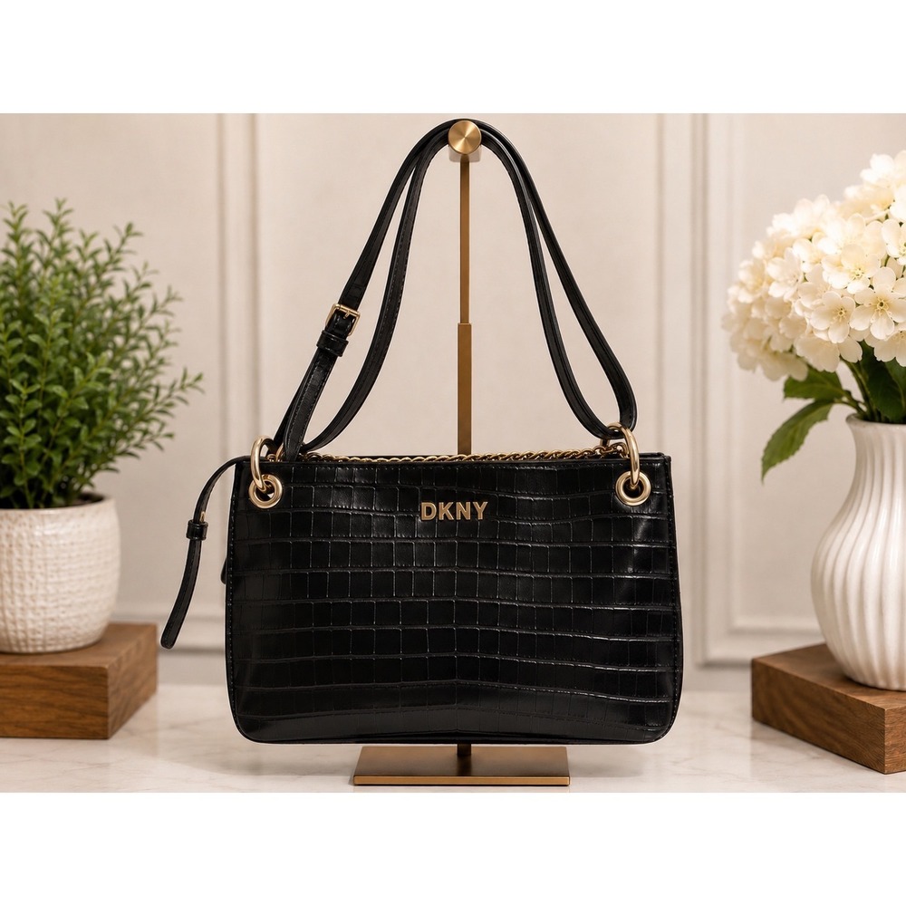 DKNY Claryce Crossbody Bag Black Croc Embossed Faux Leather R13EPL85 NWT